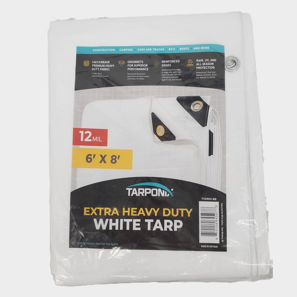 Tarponix Extra Heavy Duty White Tarp 6' x 8' 12 Mil Waterproof T12WH-68 New